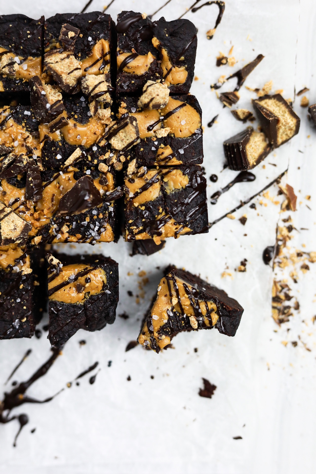 Chocolate brownies swirled with peanut butter and drizzled with chocolate.