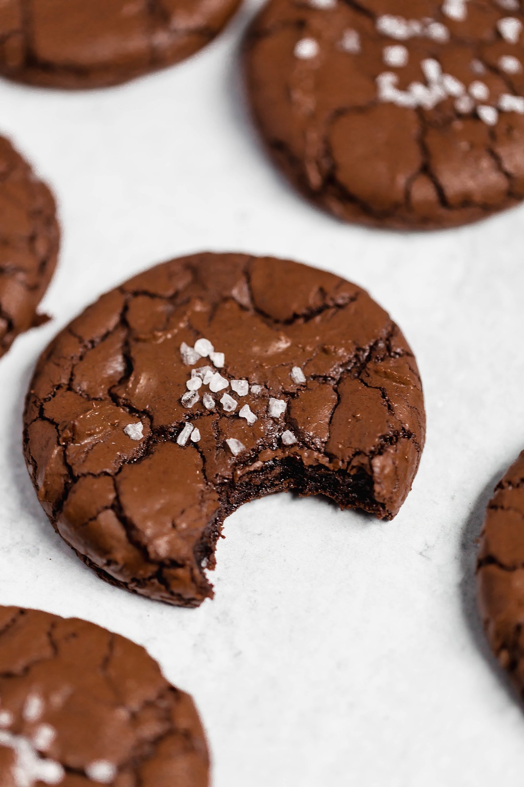Crinkley Brownie cookies with flakey salt on top.