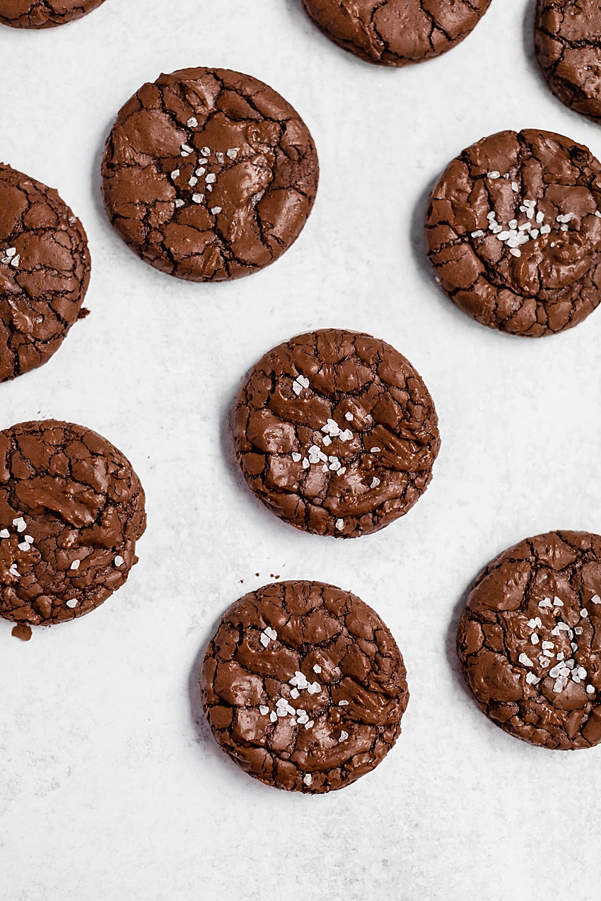 Chocolate Brownie cookies in flakey sea salt. 