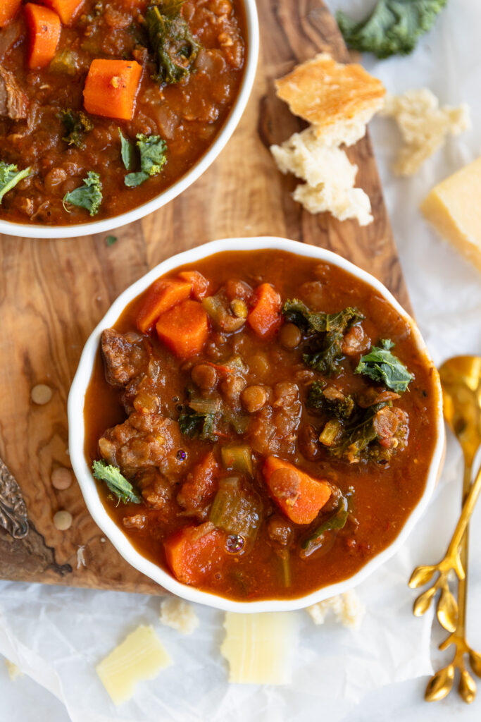 Beef lentil soup in bowls.