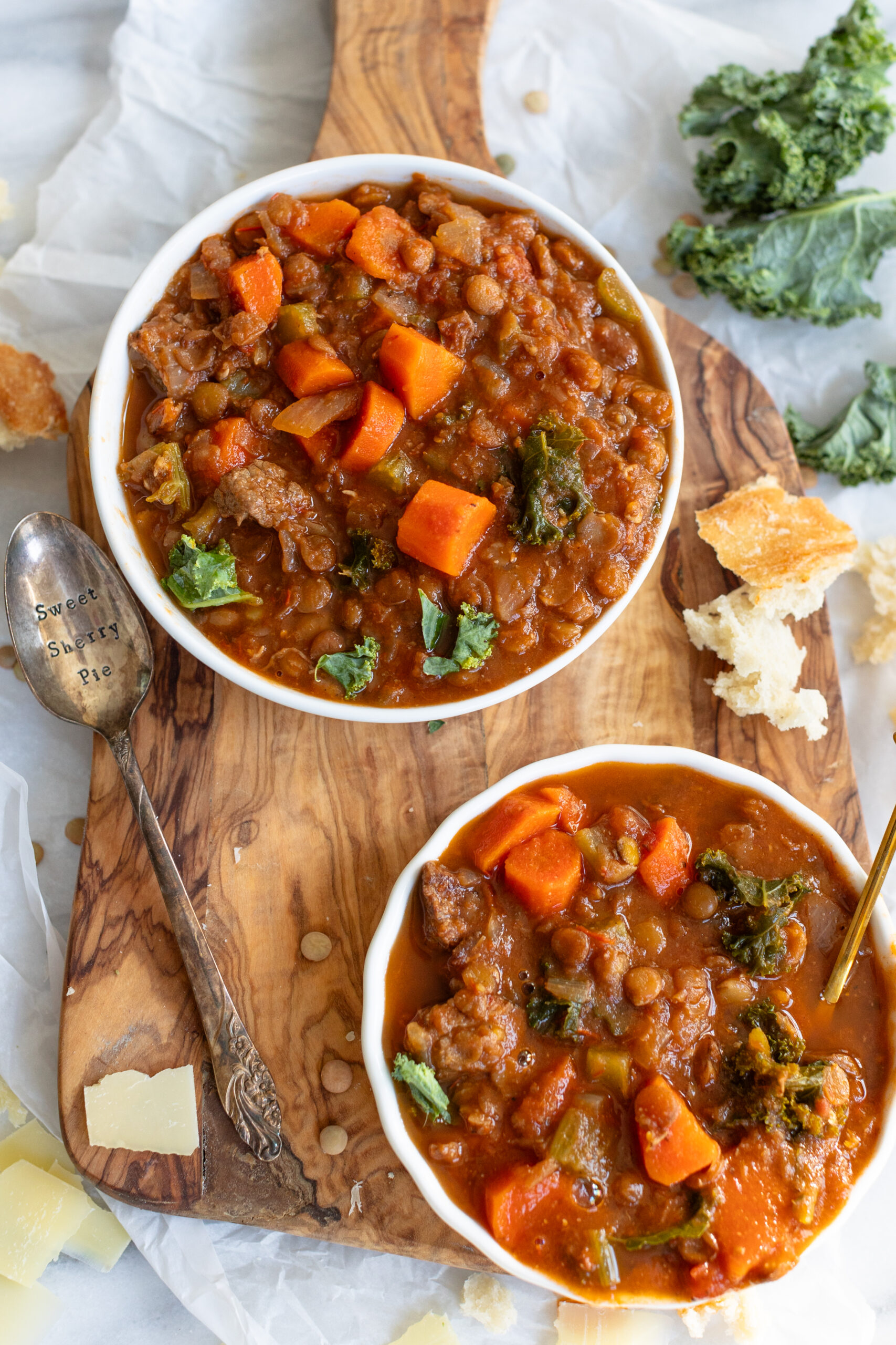 Beef lentil soup in bowls.